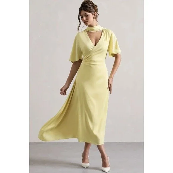 Club L London 12 L Satin Dress Yellow Lemon Lisette Maxi Flutter Sleeve Wrap - Picture 2 of 8